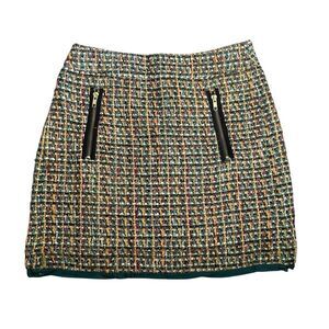 J Crew Tweed Mini Skirt Size 2 Green Multicolored Plaid Zipper Accent Wool Blend